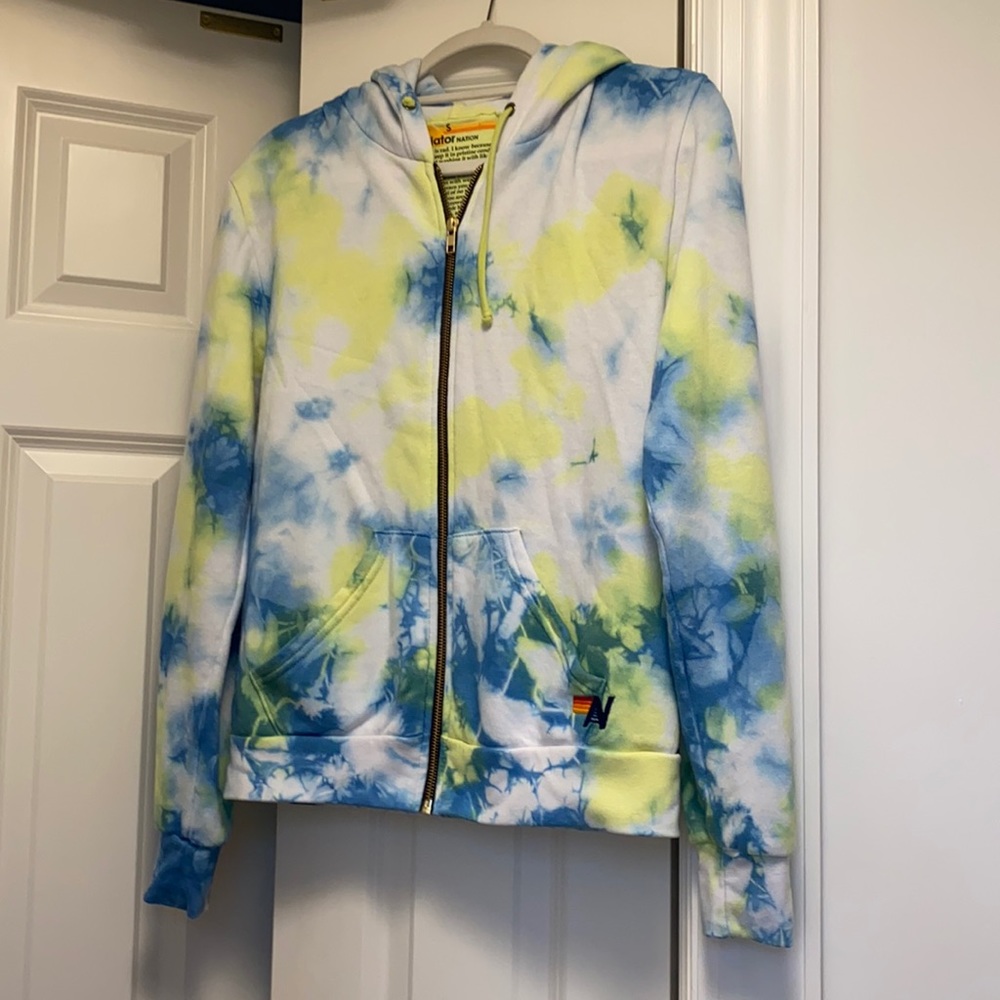 Aviator Nation Blue White Yellow Tie-Dye Zip Hoodie
